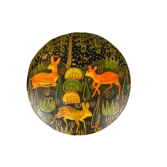 Vtg Paper Mache India Hand Painted Trinket Jewelry Box Deer Woodland Animals - Picture 4 of 9